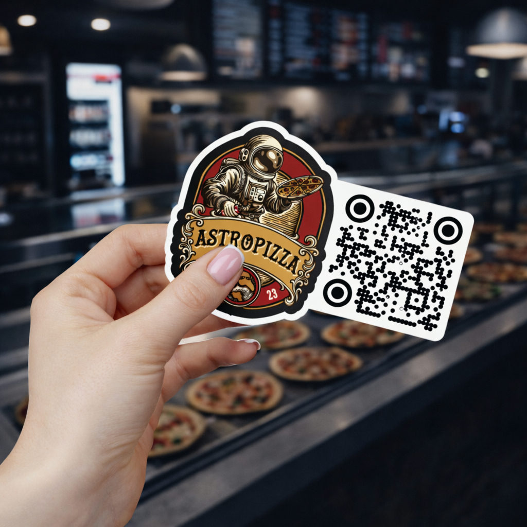 Custom QR-code menu sticker on a coffee shop board, Stickerine